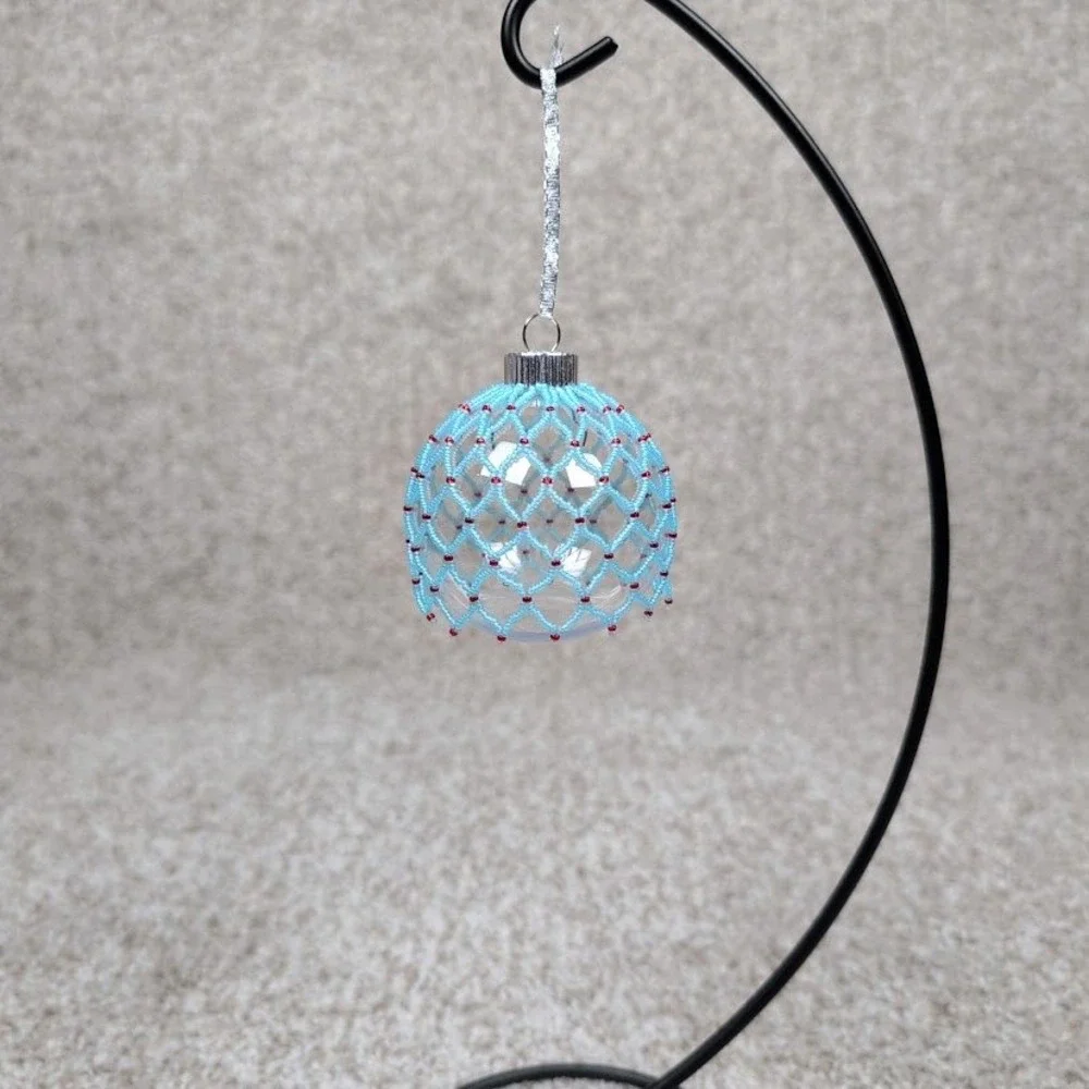Handmade Beaded Christmas Ornament Blue‎ Red Clear Plastic Ball Holiday Decor